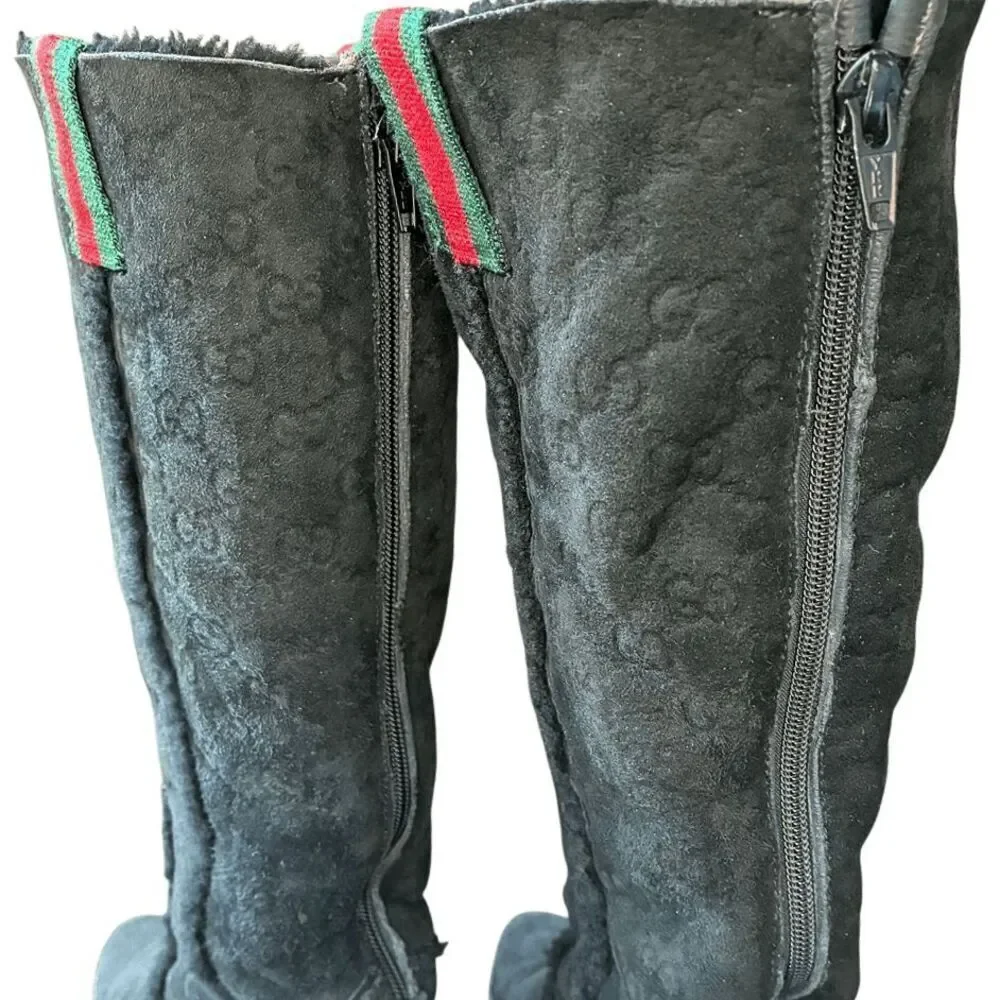 Gucci GG Monogram Web Black Suede Knee High Boots Size 7 Wedge Heel 14